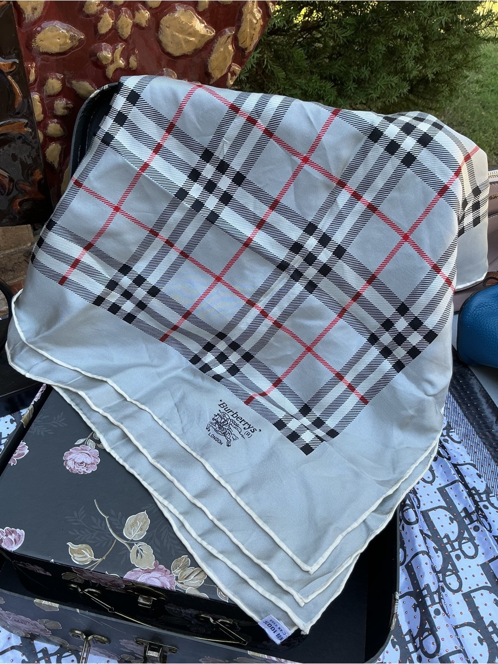 Burberry Plaid Silk Scarf - Light Gray, Black & Red